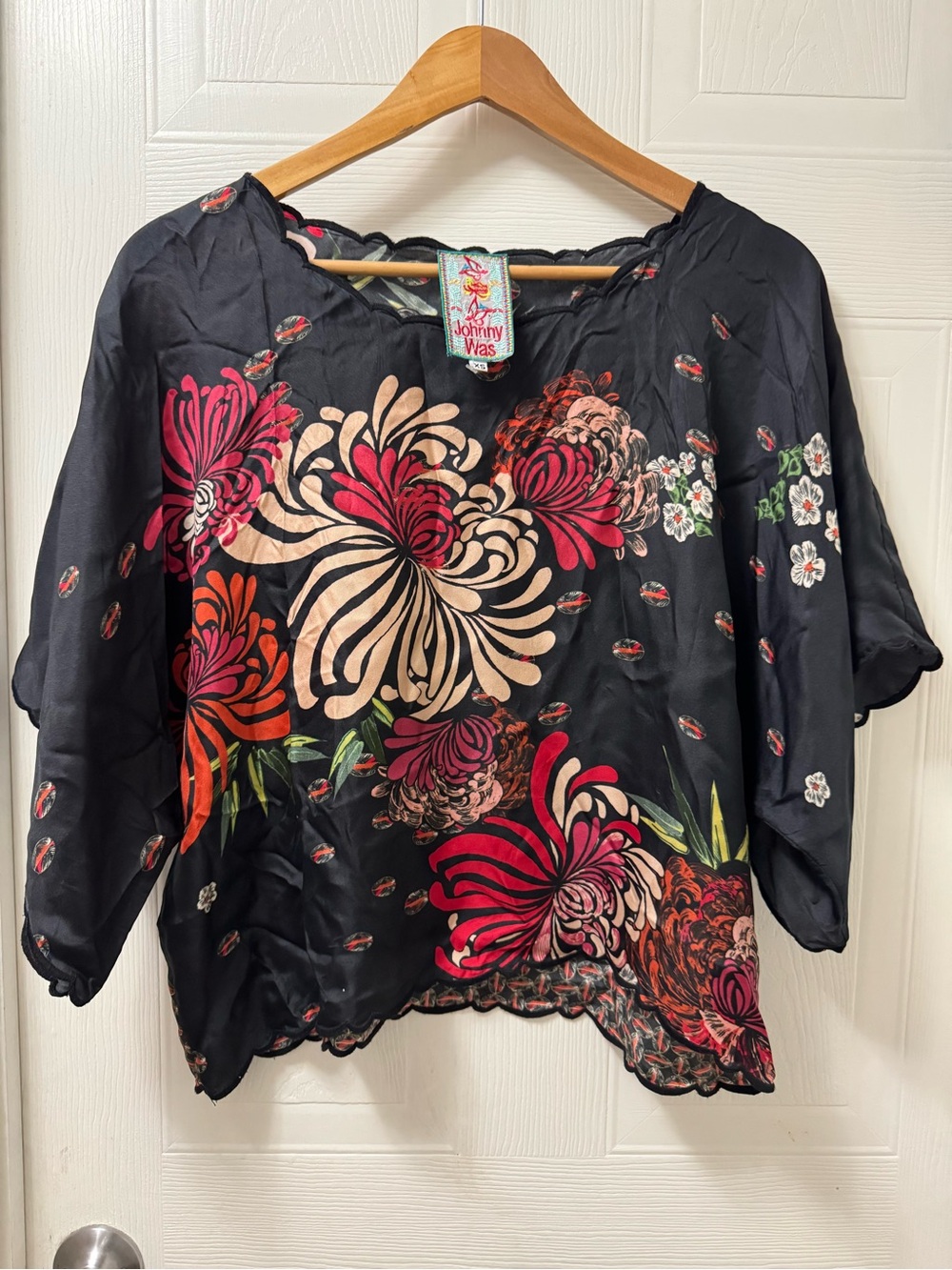 Johnny Was Black Floral Silk Top with Pink & Cream Blooms